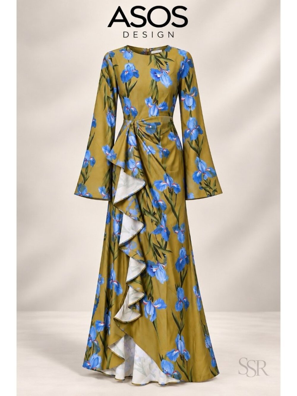 ASOS DESIGN Floral Ruffle Long Sleeve Maxi Dress Green Blue Green Size 12 NWOT